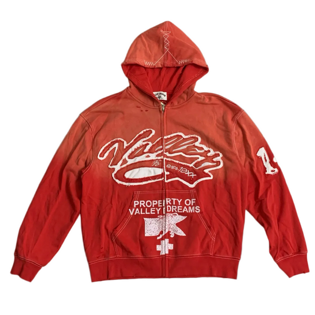 Valley Dreams Property‑Of Gradient‑Red Zip‑Up Hoodie, Unisex Vintage Streetwear Jacket Hover Image