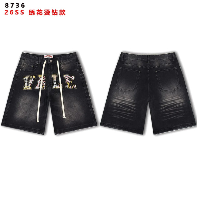 VALEFOREVER Black Faded Denim Shorts Embroidery Hotfix Rhinestone Logo Hover Image