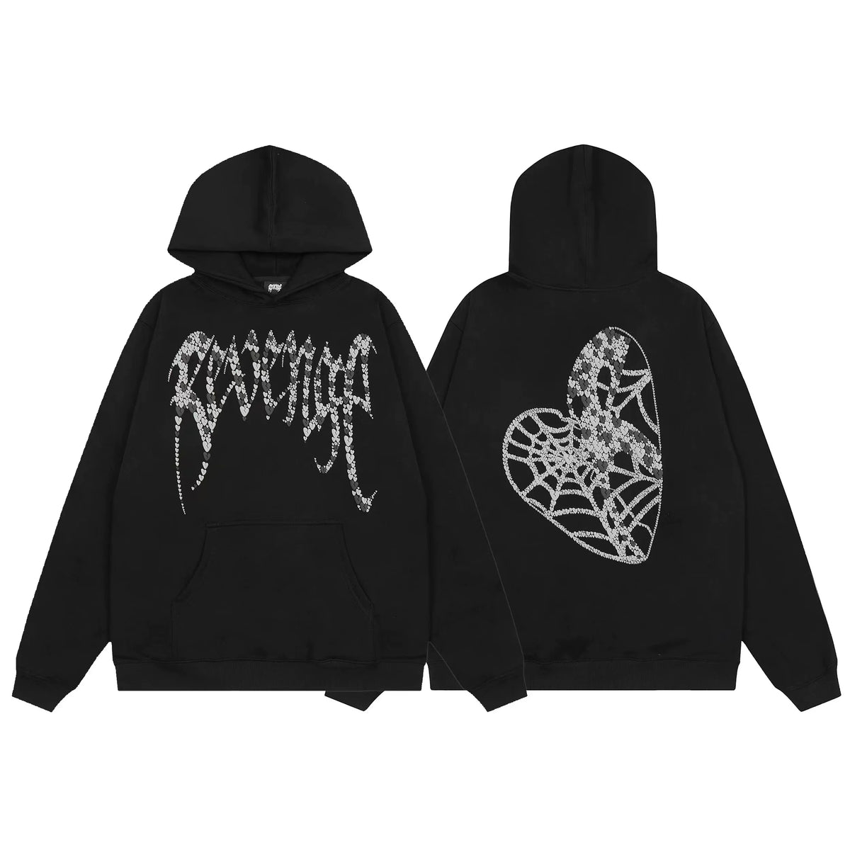 Revenge Rhinestone Spiderweb Heart Arch Logo Pullover Hoodie grey