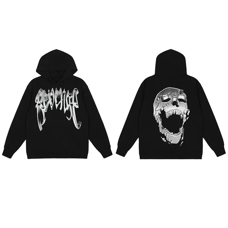 Revenge Metallic Silver 3D Screaming Skull Arch Logo Pullover Hoodie black