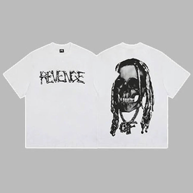 Revenge White Arch Logo & Dreadlocks Skull Graphic Short Sleeve T-Shirt White Hover Image
