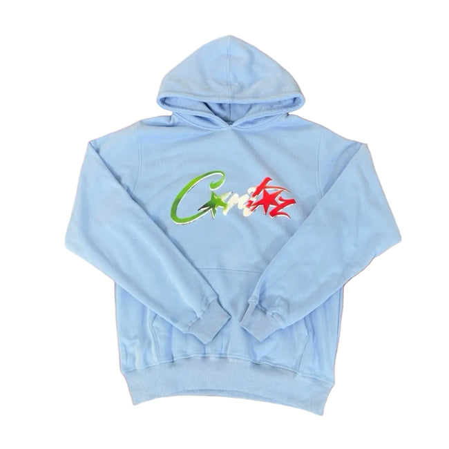 Corteiz “C-Logo” Light Blue Hoodie — Colorful Star Graphic on Oversized Streetwear Pullover Hover Image