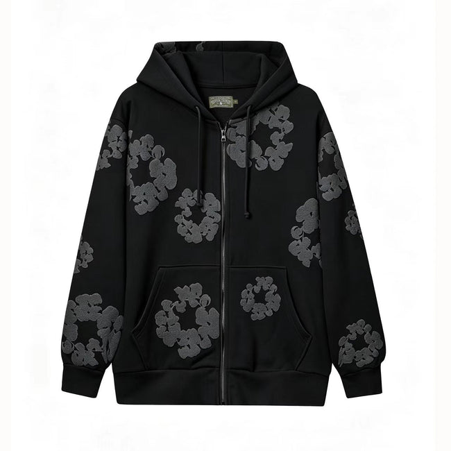 Denim Tears Cotton Wreath Full Zip-Up Hoodie - Black/Dark Grey Hover Image