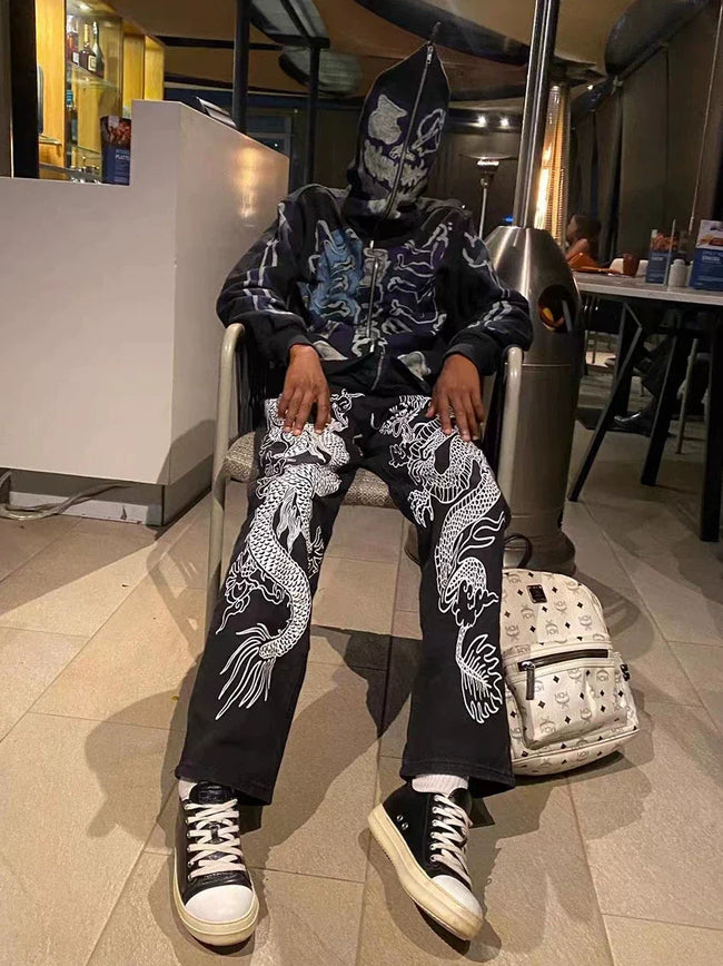 Streetwear Graphic Skeleton Full-Zip Hoodie - Black/Blue Main Image