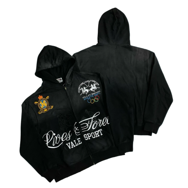 Valé Sport Olympic‑Crest Graphic Zip‑Up Hoodie, Unisex Black Vintage Streetwear Jacket Hover Image