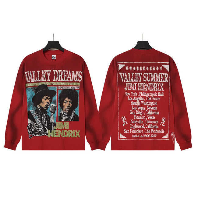 VALLEYDREAM Red Jimi Hendrix Vintage Portrait Long Sleeve T Shirt Hover Image