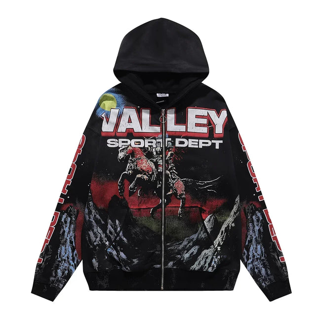 VALEFOREVER Black Valley Sport Dept Cowboy Graphic Zip Hoodie Hover Image