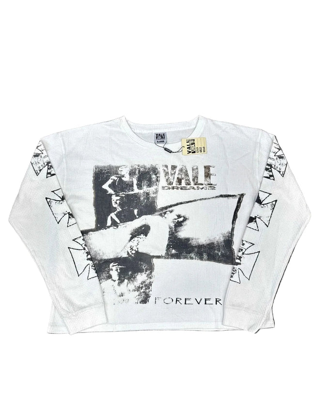 Valley Vintage Photo‑Print Waffle‑Knit Long‑Sleeve Top, Unisex White Y2K Streetwear Shirt Hover Image