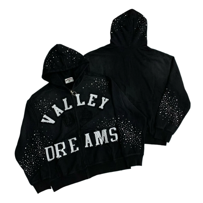 Valley Dreams Rhinestone‑Splatter Zip‑Up Hoodie, Unisex Black Vintage Streetwear Jacket Hover Image