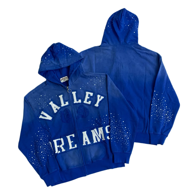 Valley Dreams Rhinestone‑Splatter Zip‑Up Hoodie, Unisex Blue Vintage Streetwear Jacket Hover Image