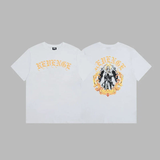 Revenge Yellow Arch Logo & Religious Angel Graphic Short Sleeve T-Shirt (White) Hover Image