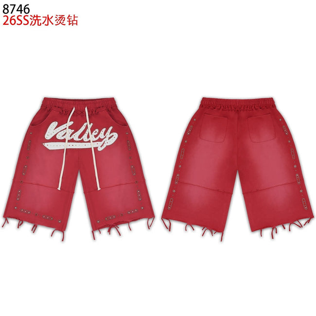 VALEFOREVER Red Washed Rhinestone Shorts with Script Logo & Fringe Hem Hover Image