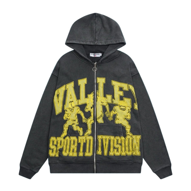 Valley Sport Division Graphic Zip‑Up Hoodie, Unisex Black Vintage Streetwear Jacket Hover Image