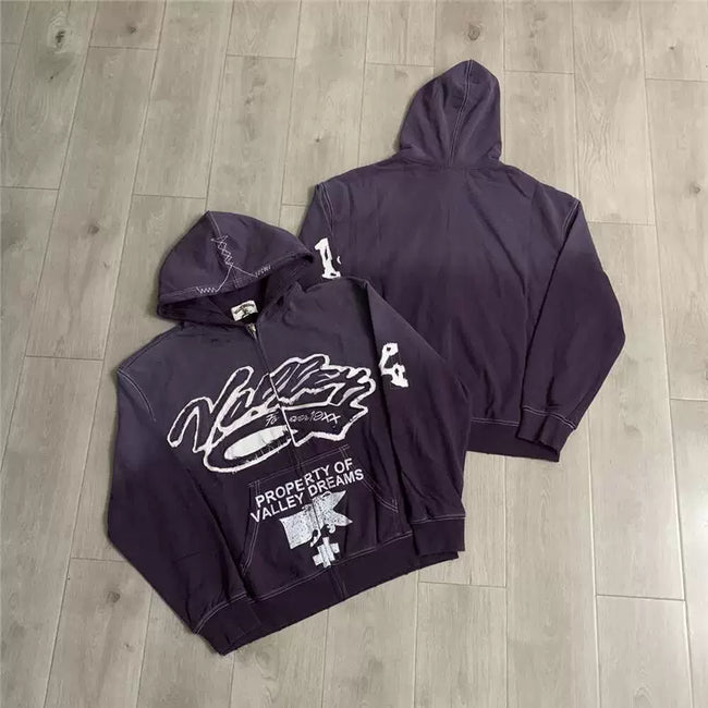 VALEFOREVER Purple Gradient Script Graphic Zip Up Hoodie Hover Image