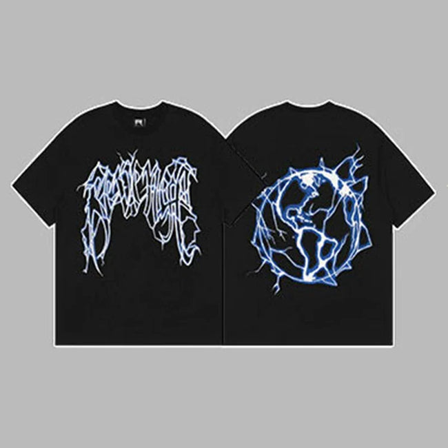 Revenge Arch Logo & Lightning Earth Graphic Short Sleeve T-Shirt (Black / Blue) Hover Image