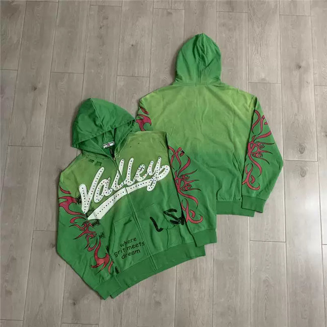 VALEFOREVER Green Gradient Valley Script Zip Up Hoodie Hover Image
