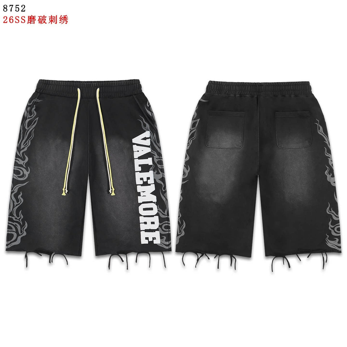 VALEFOREVER Black Washed Denim Shorts with White Graphic Print