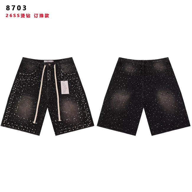 VALEFOREVER Black Sanded Denim Shorts Full Rhinestone Studded Hover Image