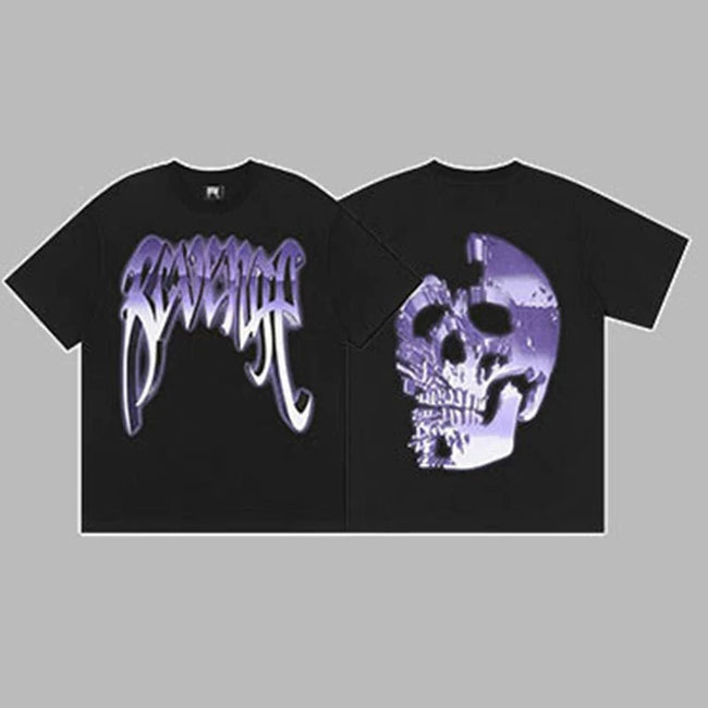 Revenge Purple & Silver Gradient Arch Logo & Broken Skull Graphic Short Sleeve T-Shirt Black Hover Image