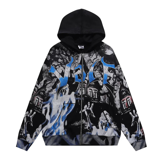 VALEFOREVER Black Blue Flame City Collage Zip Hoodie Hover Image