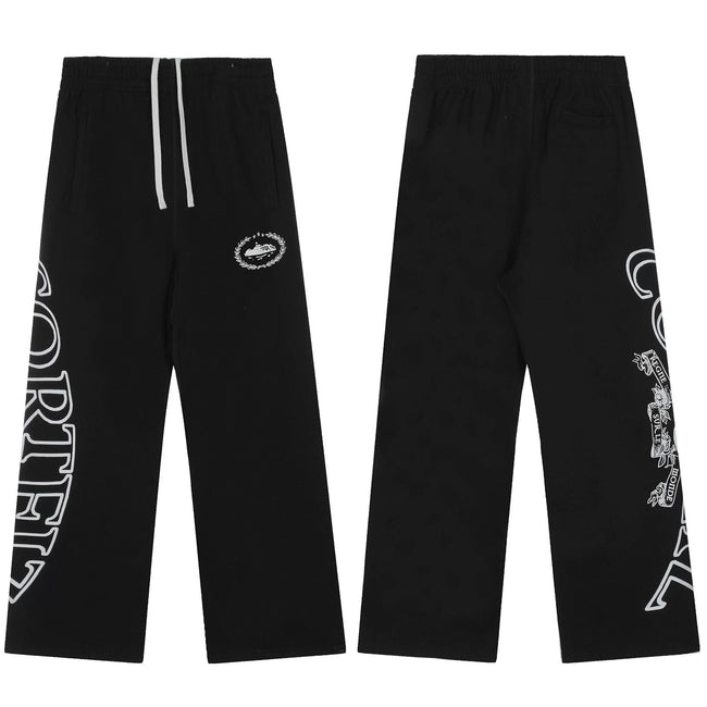 Black Graphic Straight-Leg Sweatpants | Urban Streetwear Pants with Side Print Detail Hover Image