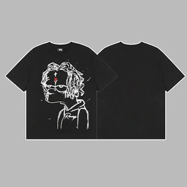 Revenge Outline Cartoon Portrait Graphic Short Sleeve T-Shirt Black Hover Image