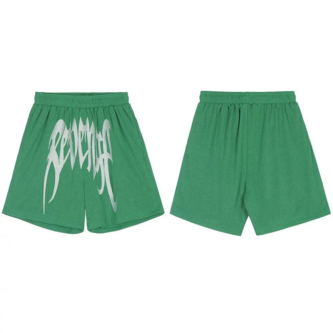 Revenge Gothic Logo Mesh Athletic Shorts - Green Hover Image