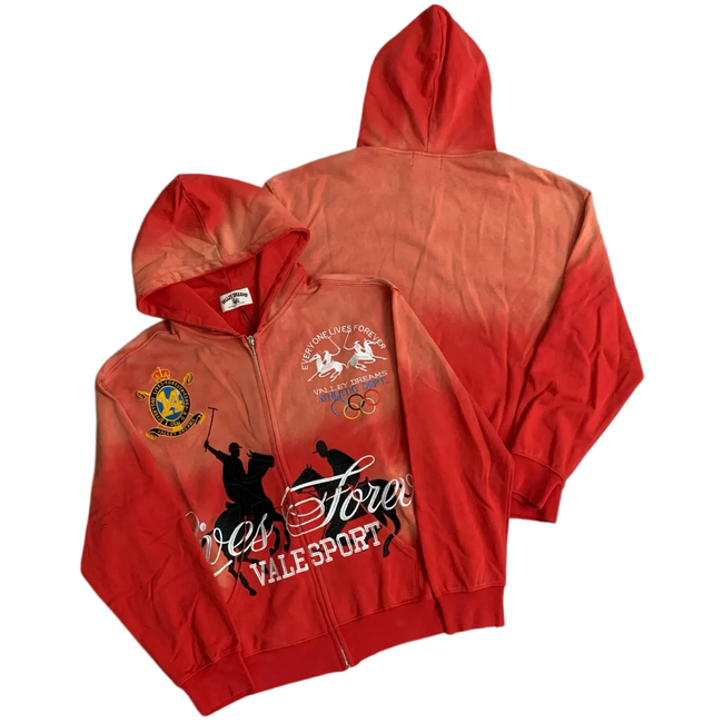 Valé Sport Equestrian Olympic‑Crest Gradient Zip‑Up Hoodie, Unisex Red‑Wash Vintage Streetwear Jacket Hover Image