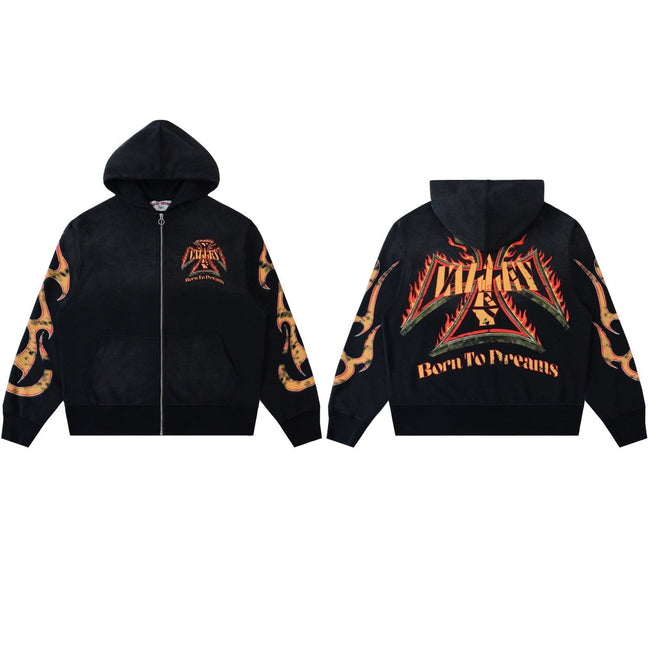 Valley Dreams Waffle‑Knit Flame‑Sleeve Zip‑Up Hoodie, Black Vintage Washed Oversized Streetwear Unisex Jacket Hover Image