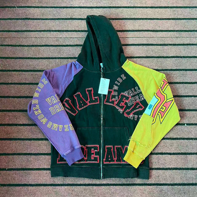 Valley Dreams Color‑Block Raglan Zip‑Up Hoodie, Green Purple Yellow Contrast‑Sleeve Oversized Streetwear Unisex Jacket Hover Image