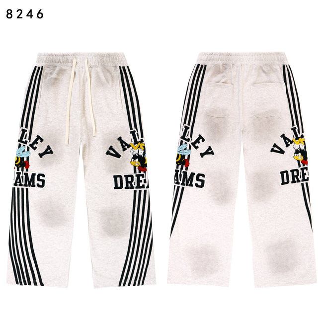 Valley Dreams Cartoon Bee Stripe‑Sleeve Wide‑Leg Sweatpants, Heather Grey Vintage Streetwear Unisex Trousers Hover Image