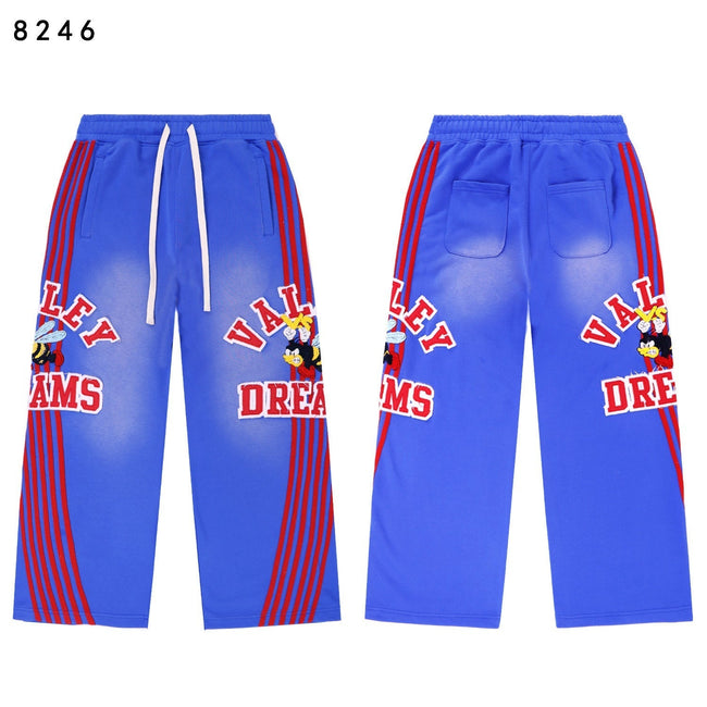 Valley Dreams Cartoon Bee Stripe‑Sleeve Wide‑Leg Sweatpants, Washed Blue Vintage Streetwear Unisex Trousers Hover Image